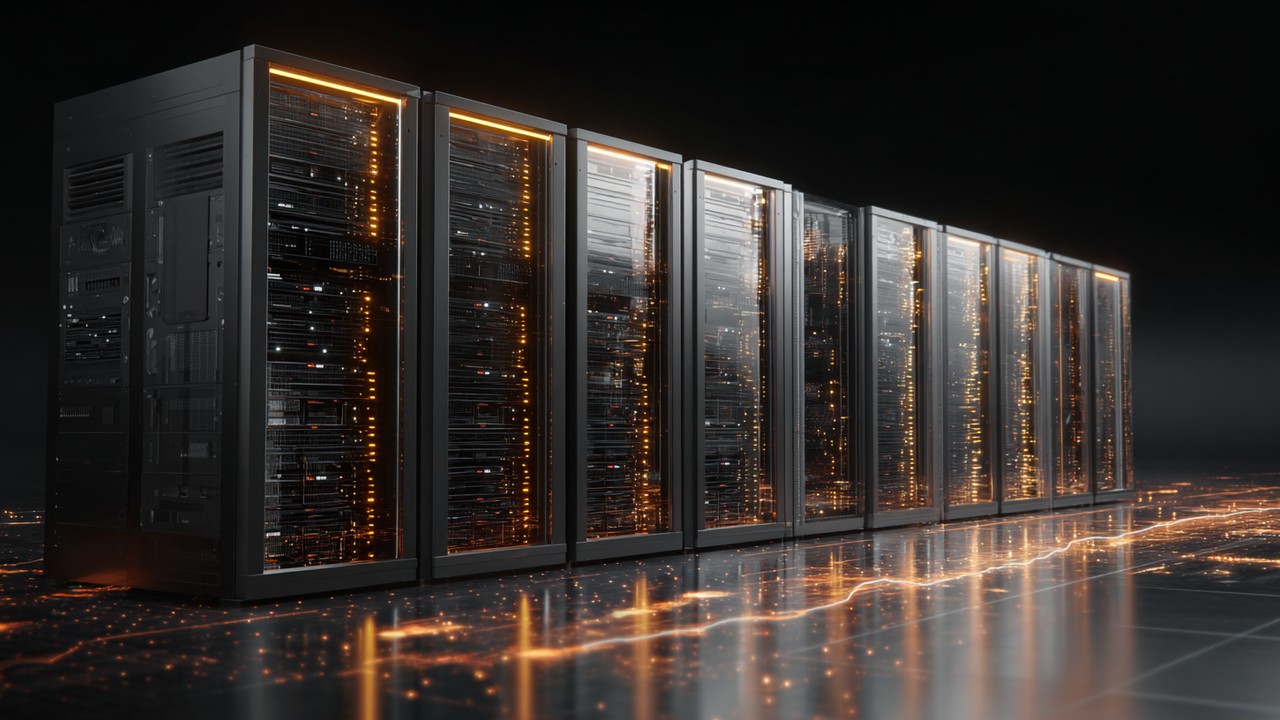 Modern data center rack with illuminated servers and network equipment, highlighting memory caching technology and fast data retrieval processes.