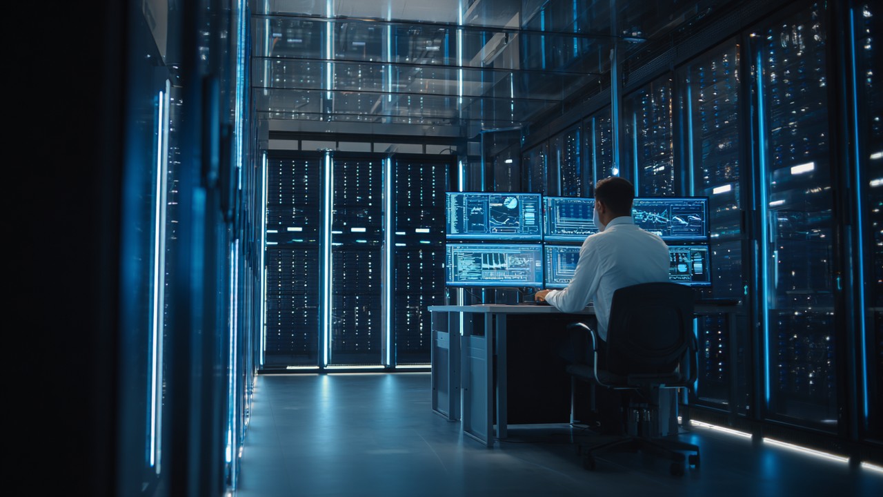 Modern data center server room with blue LED-lit racks and network engineer monitoring web performance metrics for server responsiveness.