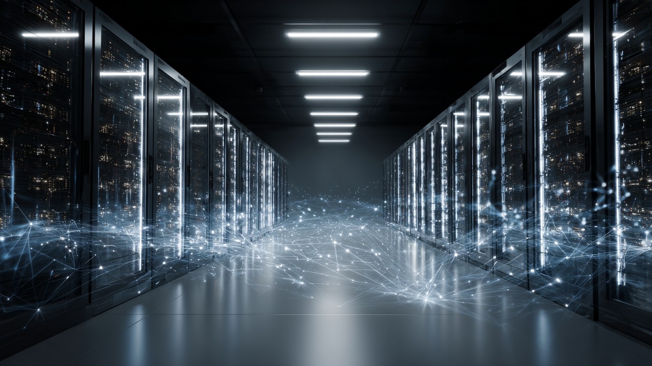 近代的なデータセンターのサーバールームとAI・機械学習を示すデジタルネットワークの可視化、効率的なデータフローとインテリジェントキャッシング