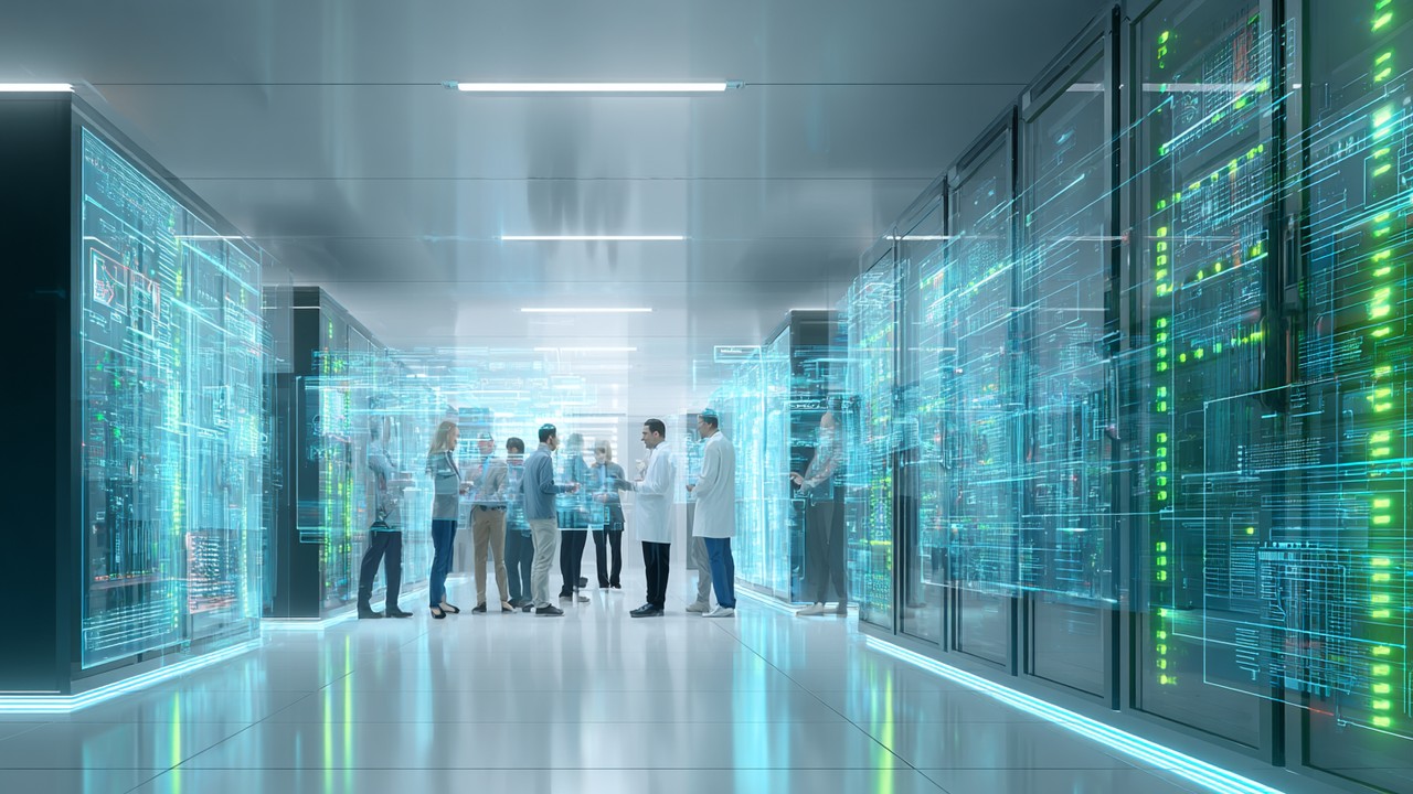 Modern data center with glowing servers and diverse engineers analyzing data on digital screens, showcasing advanced computing technology.