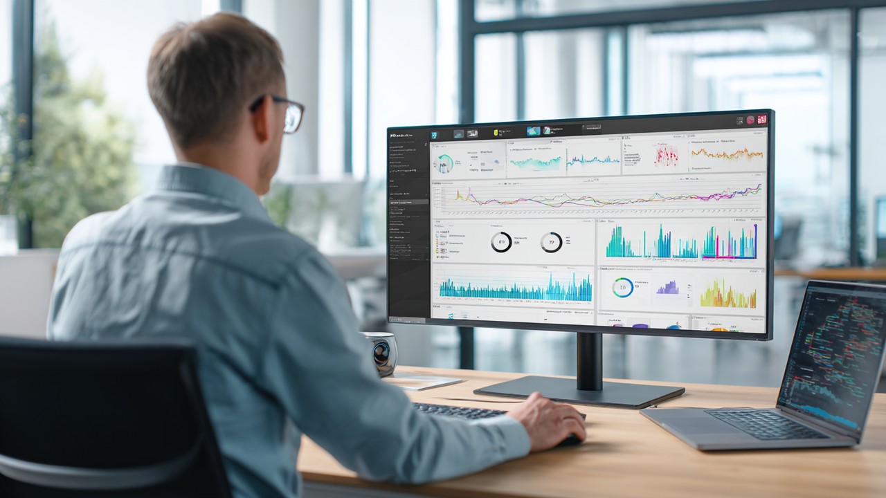 Modern office with a professional analyzing website performance data on a large monitor displaying graphs and metrics, natural daylight.