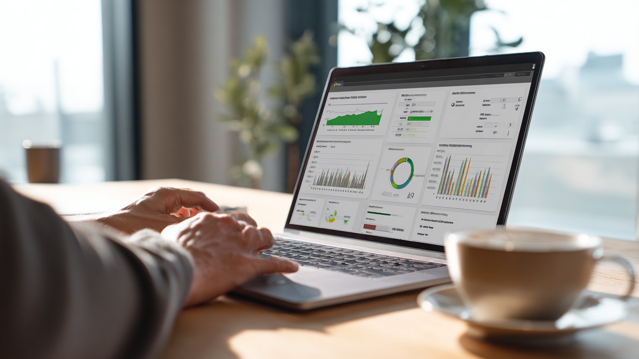 Modern office workspace with a laptop displaying performance monitoring dashboards, a coffee cup, and a person's hand, emphasizing productivity and technology.