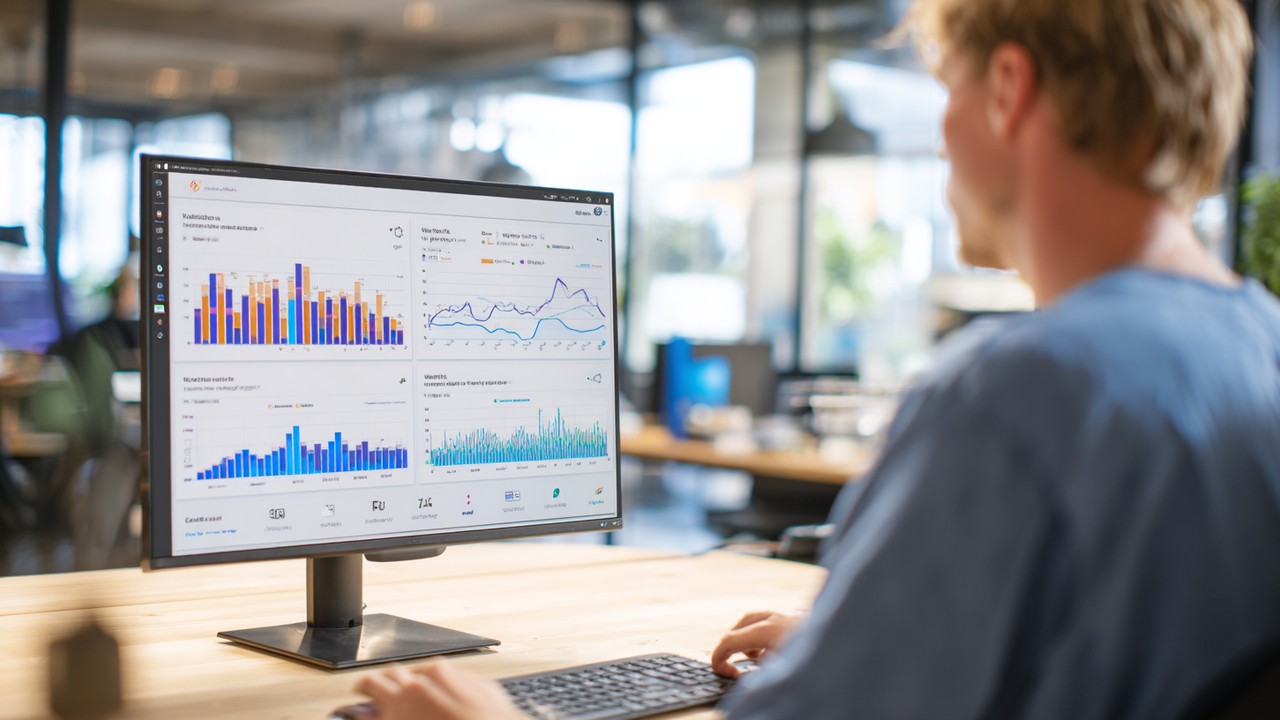 Modern office workspace with a professional analyzing website performance metrics on a computer monitor, natural daylight, clean desk.