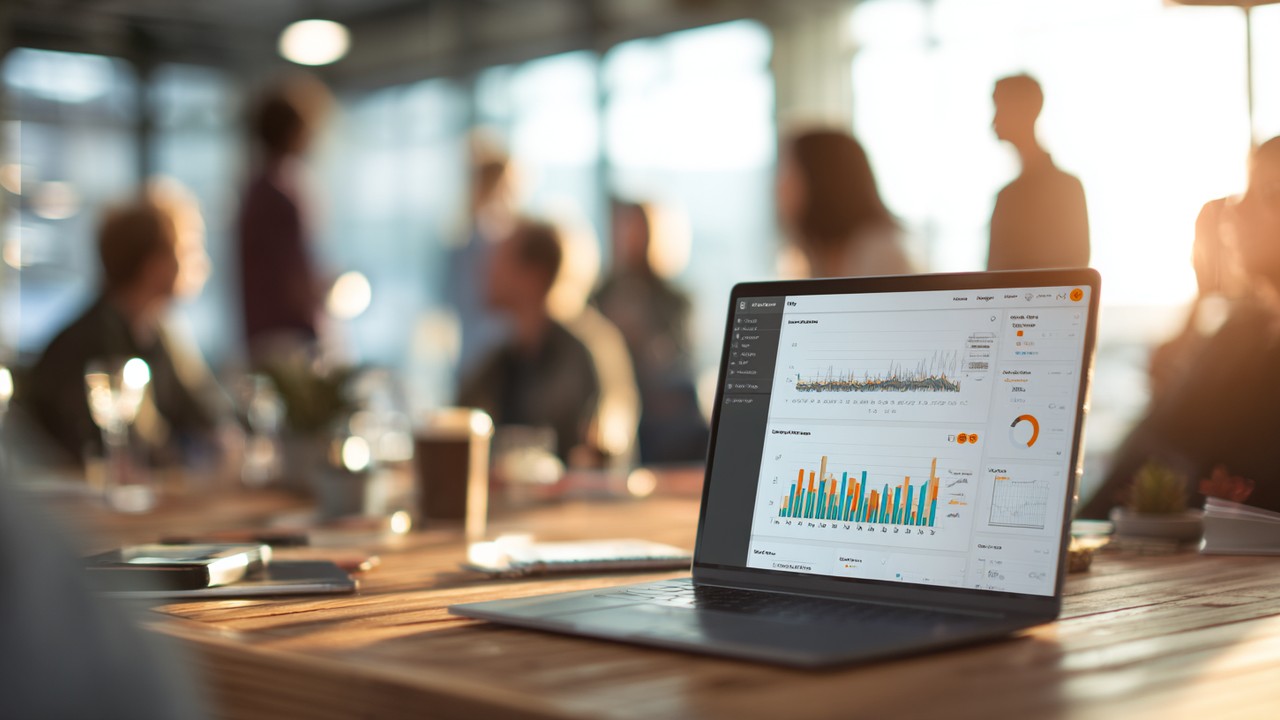 Modern office workspace with diverse professionals collaborating around a laptop displaying data charts and analytics, highlighting teamwork in AI and machine learning for web performance optimization.