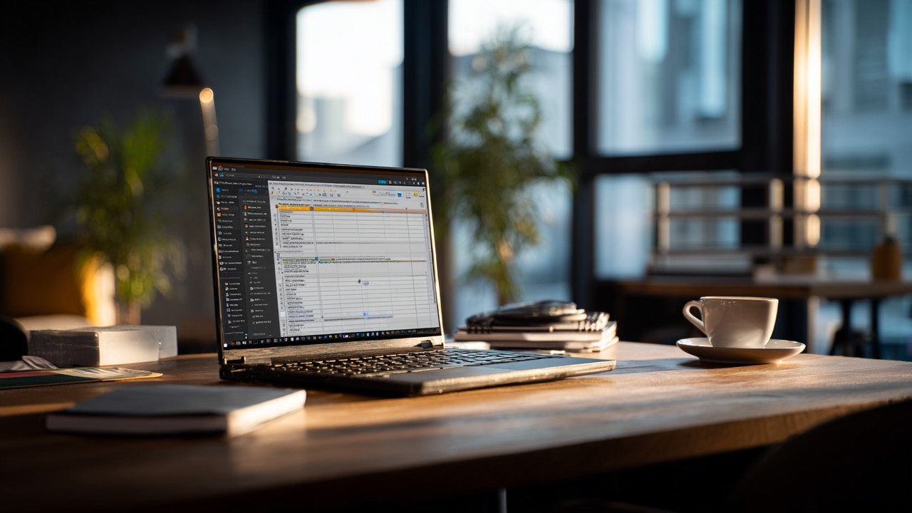 Modern office workspace with laptop showing database code, notes, coffee cup, and a professional analyzing data in natural light.