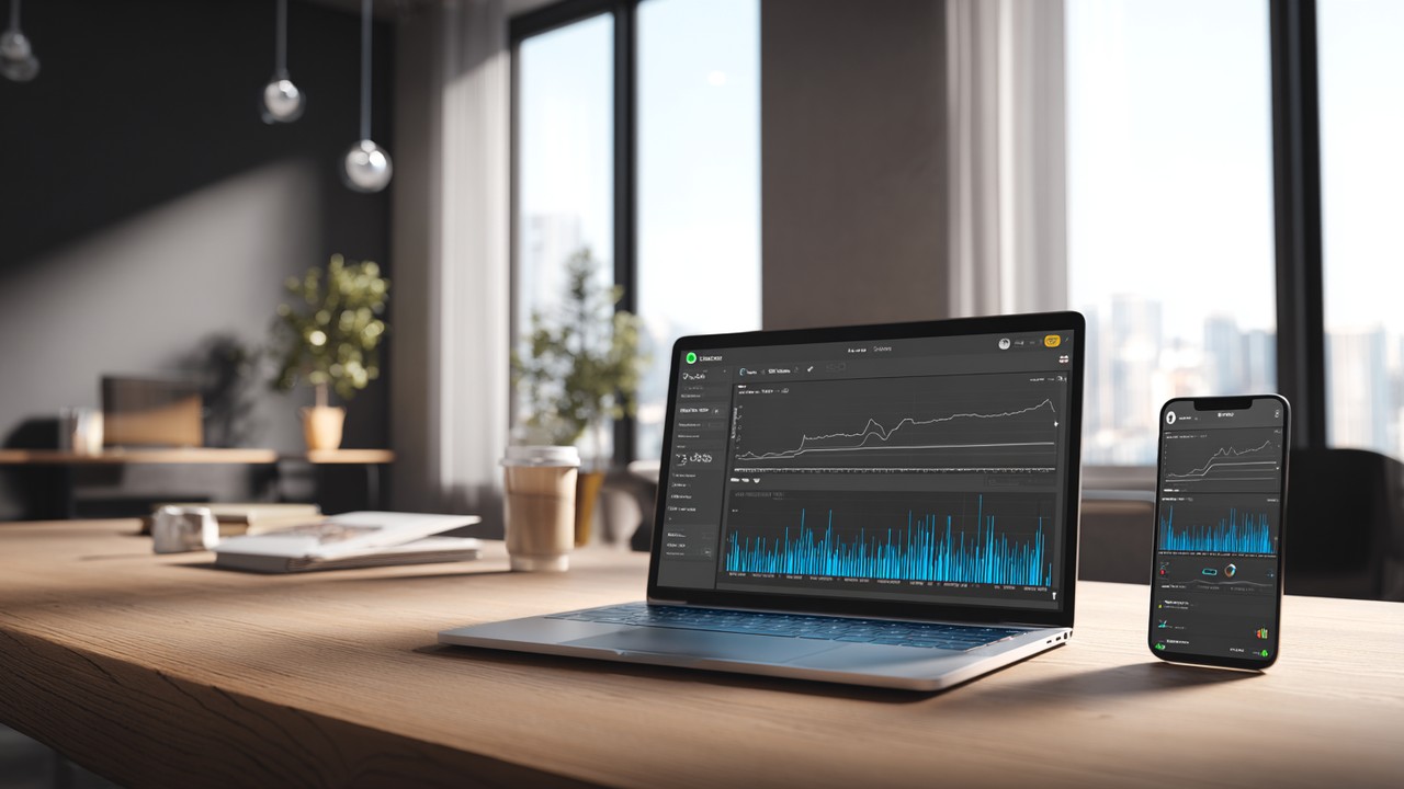 Modern office workspace with laptop showing network performance graphs, sleek smartphone, natural light, minimalistic decor, technology focus
