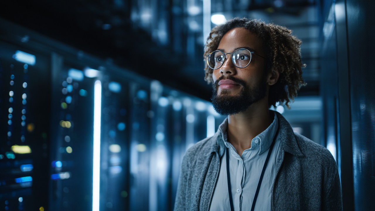Modern professional working on advanced servers in a high-tech server room with illuminated equipment and innovative computing technology.