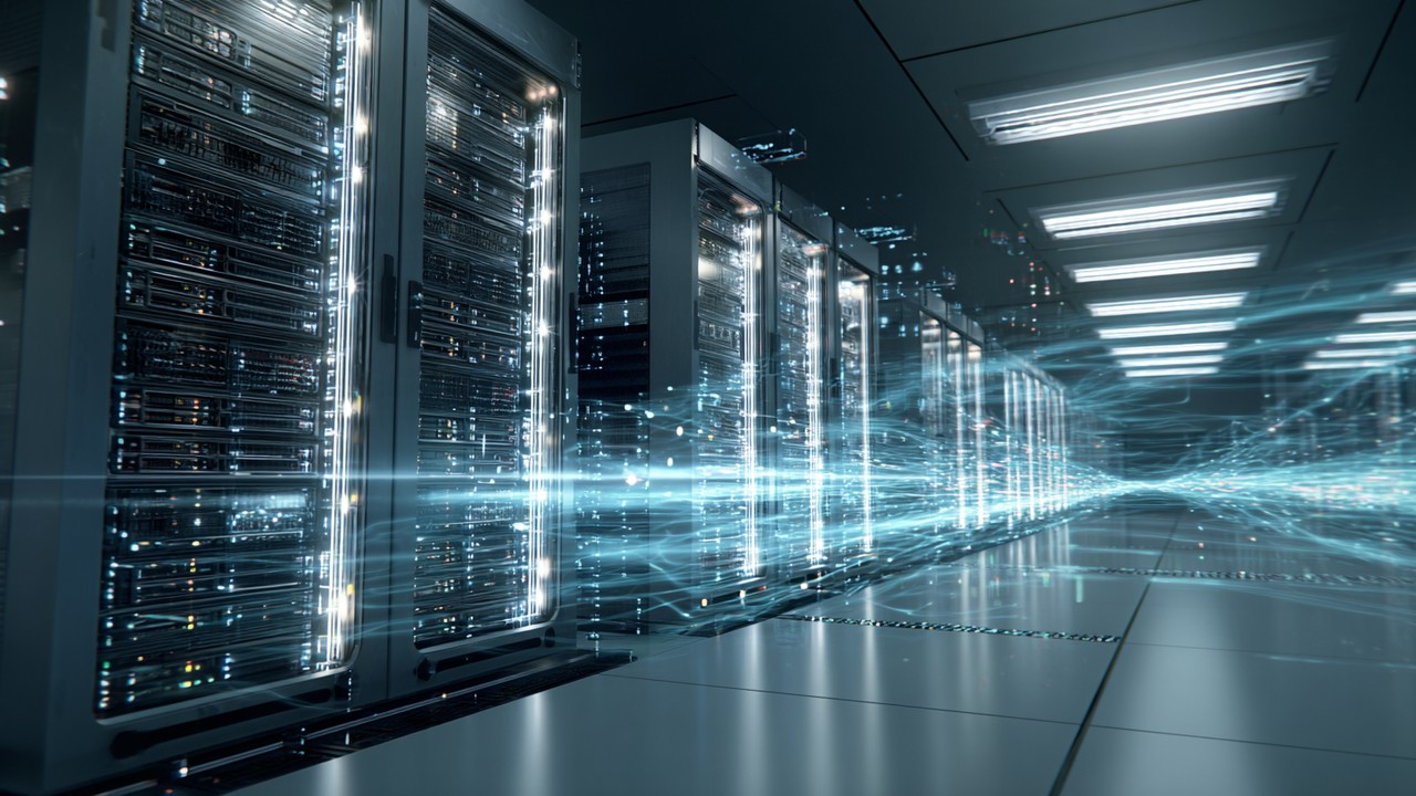 Modern server room with high-performance web server racks, glowing network cables, and digital overlay highlighting WordPress optimization and fast data processing.