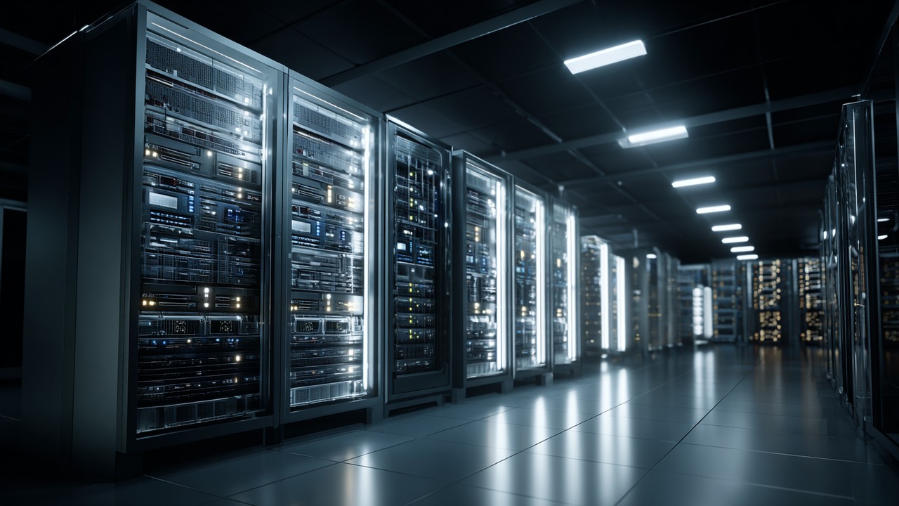 Modern server room with racks of high-tech servers and network equipment, highlighting optimized infrastructure for faster response times.