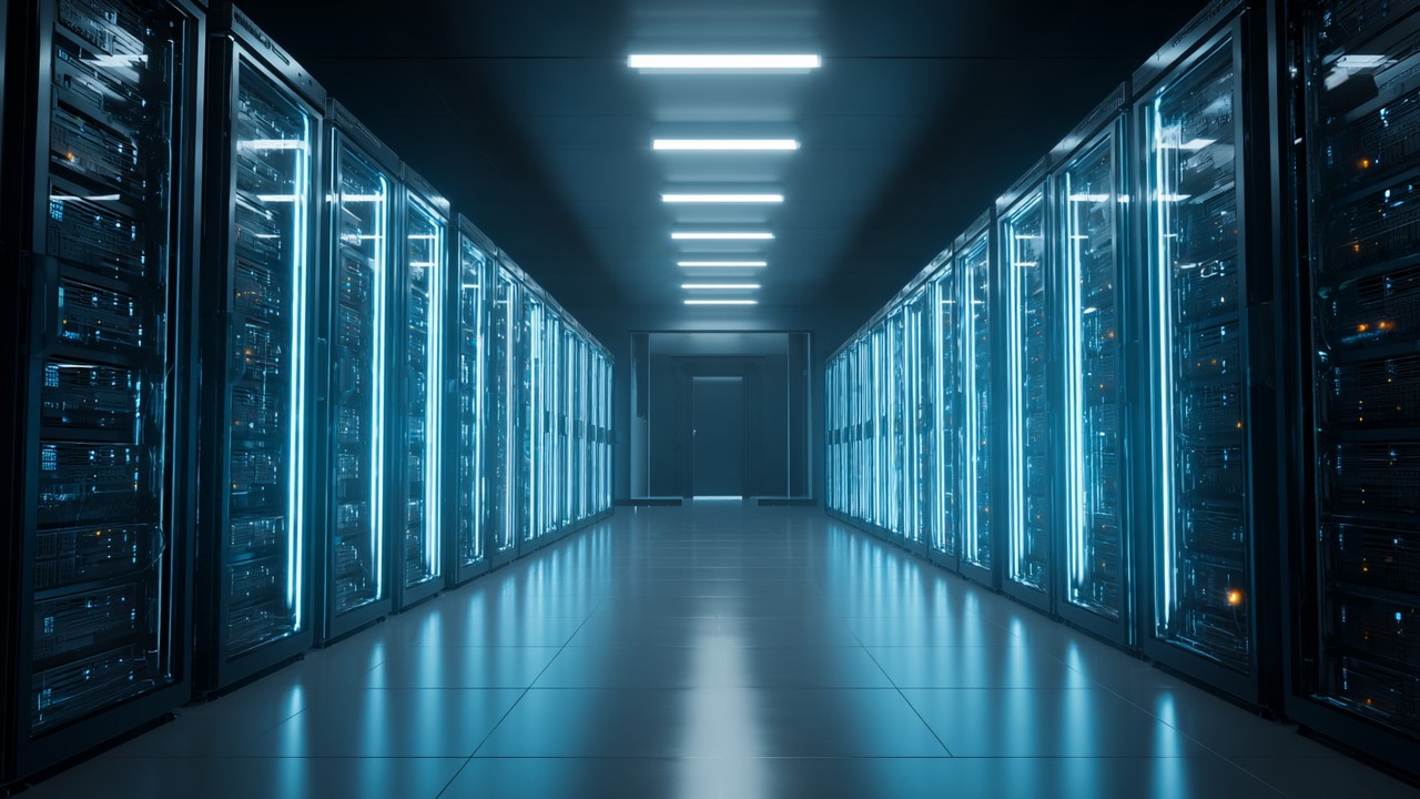 Modern server room with racks of servers and network equipment illuminated by cool blue lighting, symbolizing high-tech infrastructure and website performance optimization.