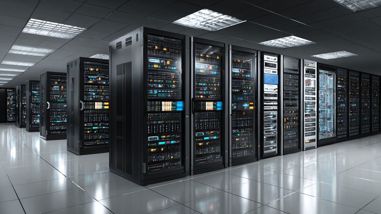 Modern server room with racks of servers and network equipment, illustrating reverse proxy caching and data flow infrastructure.