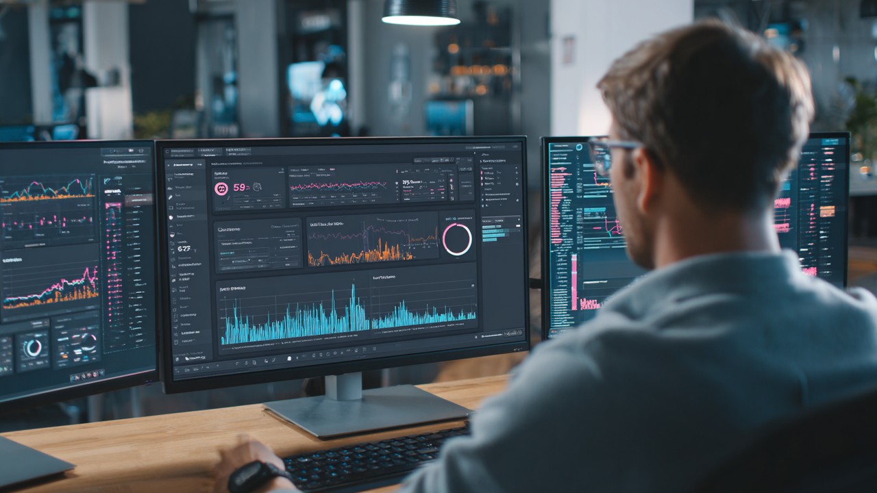 Professional dashboard displaying real-time Redis cache performance metrics, including hit/miss ratios and memory usage in a modern office.