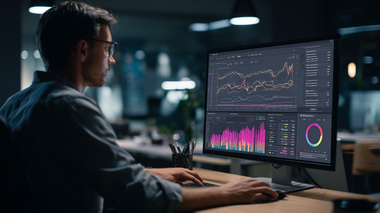 Professional developer analyzing payment gateway performance metrics on a large monitor with graphs and data flows in a modern office.