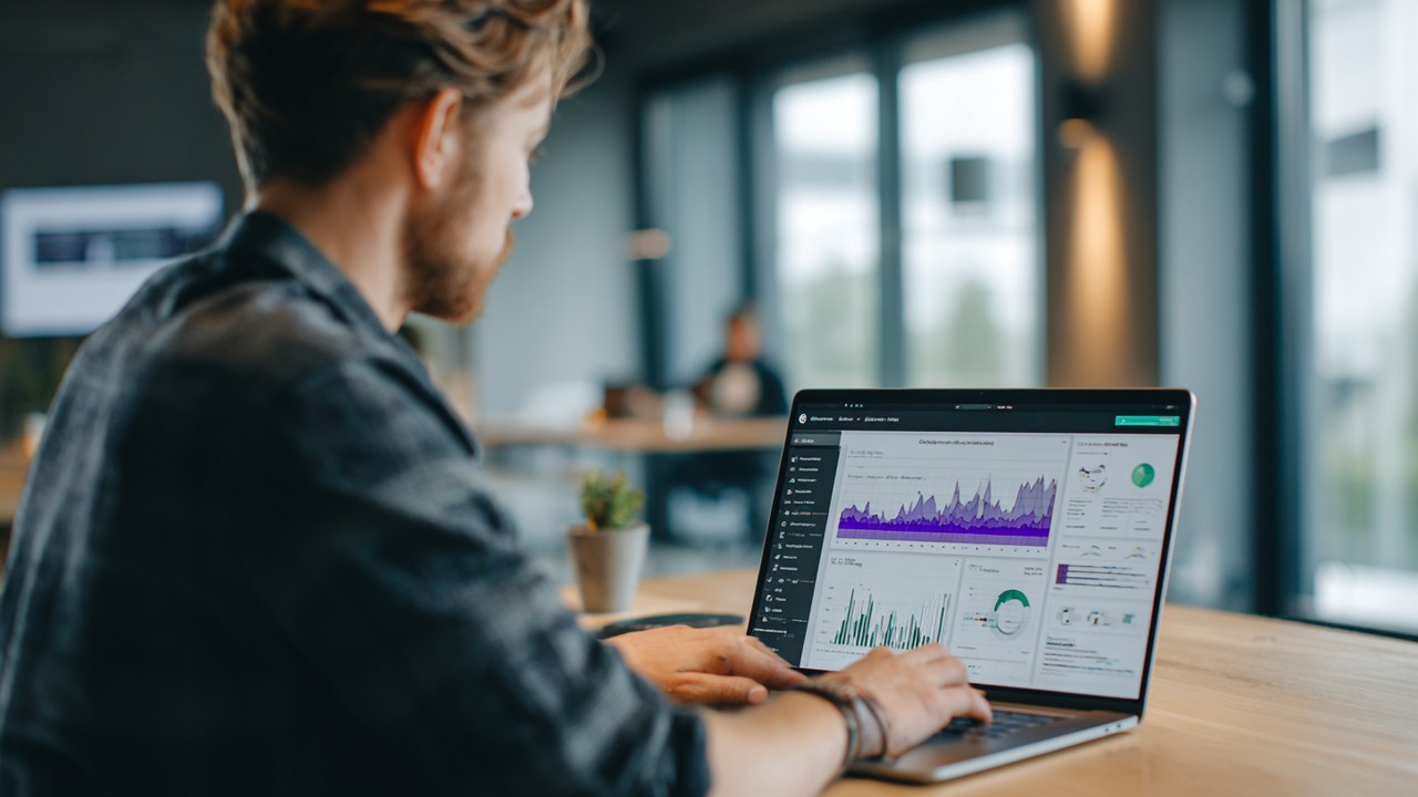 Professional e-commerce developer analyzing WooCommerce database performance charts on laptop in modern office setting.