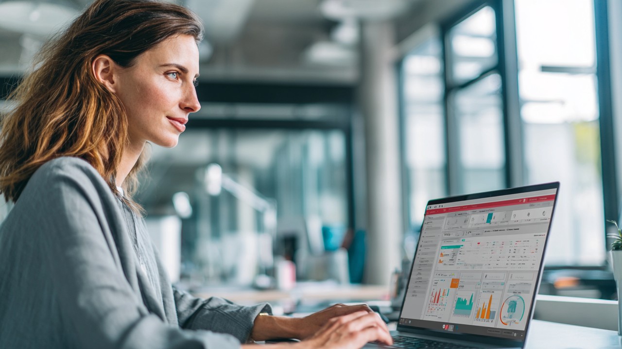Professional e-commerce manager analyzing inventory data on laptop in a modern, well-lit office with graphs and product listings.