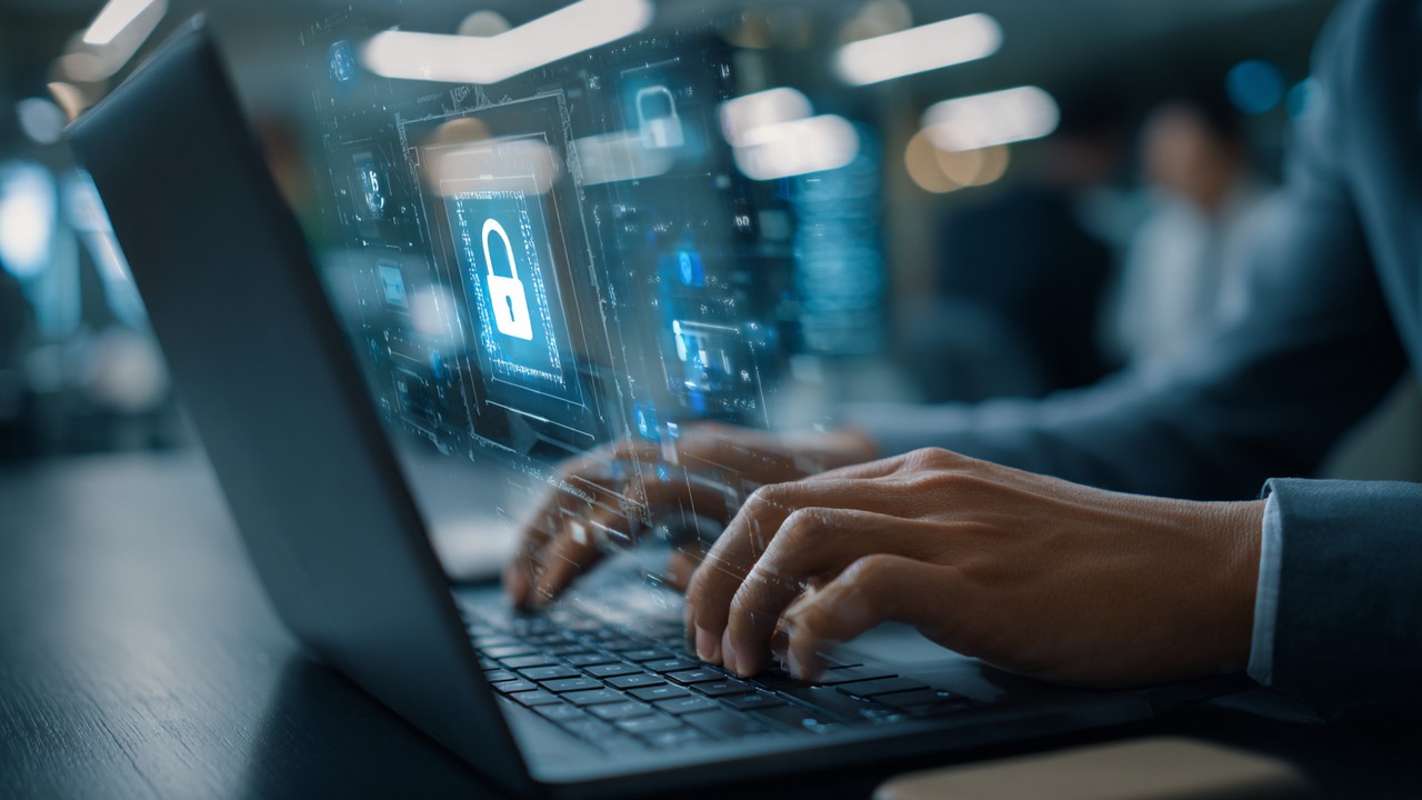 Professional server administrator managing SSL certificates on a laptop with secure connection icons in a modern office environment.