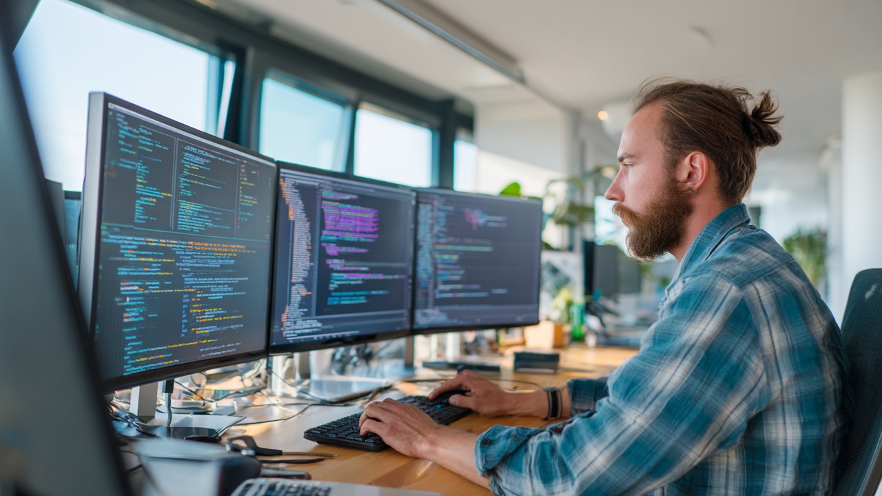 Professional web developer analyzing PHP session optimization at a modern, organized desk with multiple monitors displaying code and performance metrics in a bright office environment.