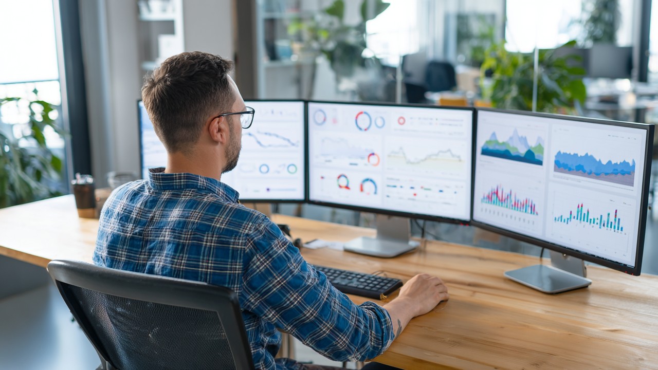 Professional web developer analyzing website performance metrics and user engagement data on multiple monitors in modern office.