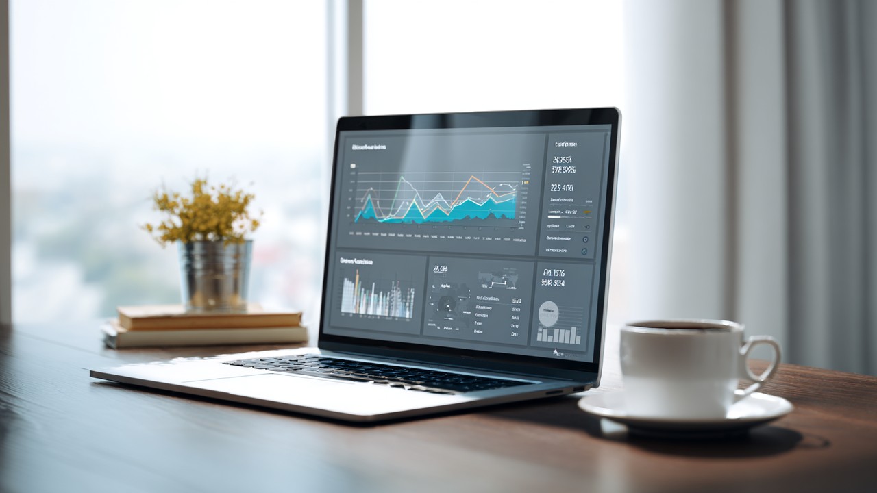 Professional workspace with a laptop displaying website analytics charts, a coffee cup, natural light, and minimalistic office setup.