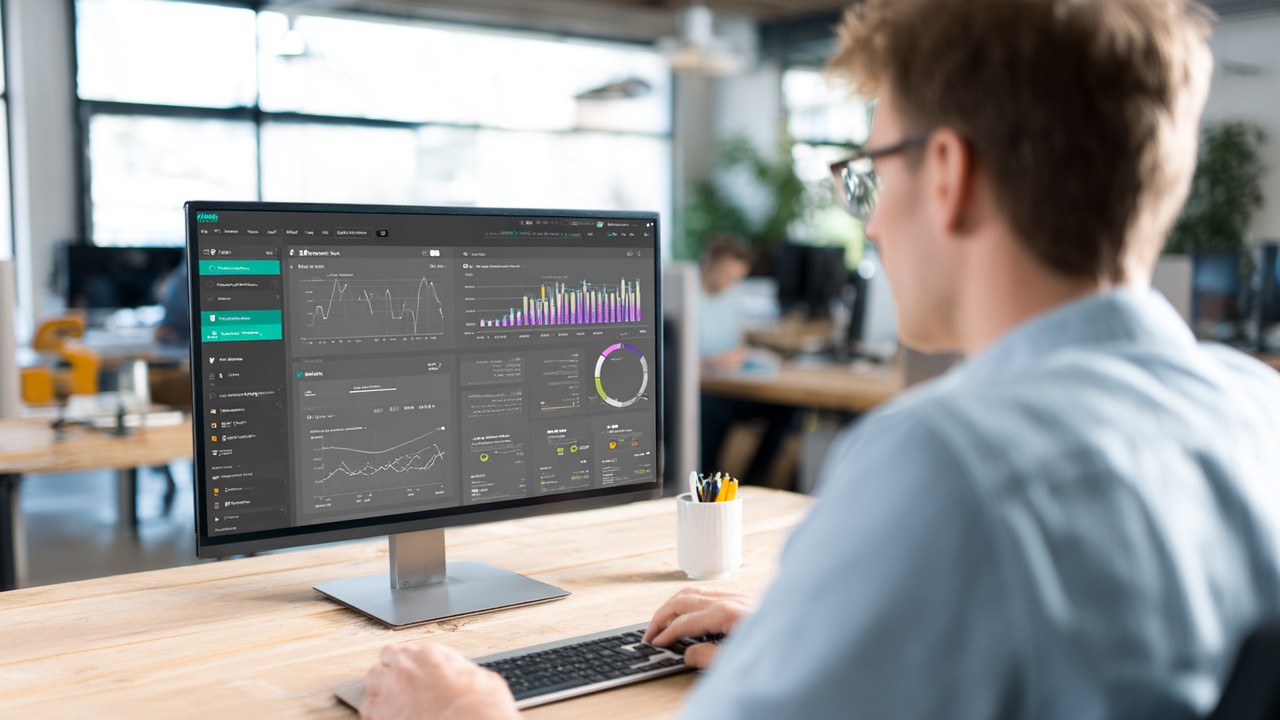 Realistic computer screen showing a memory profiling tool with graphs and metrics, developer taking notes in a modern workspace.