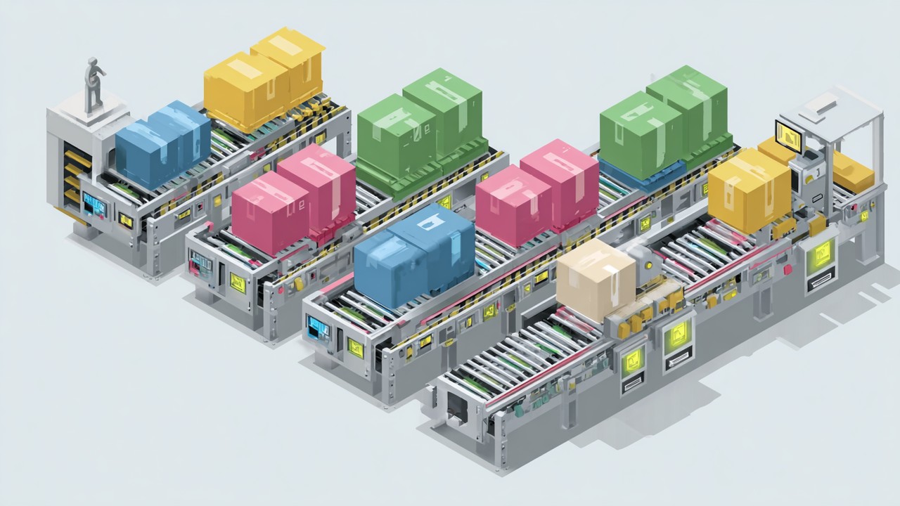 Realistic conveyor belt system with packages representing HTML, CSS, images, controlled by a gatekeeper, illustrating HTTP/2 stream prioritization and flow control in web resource loading.