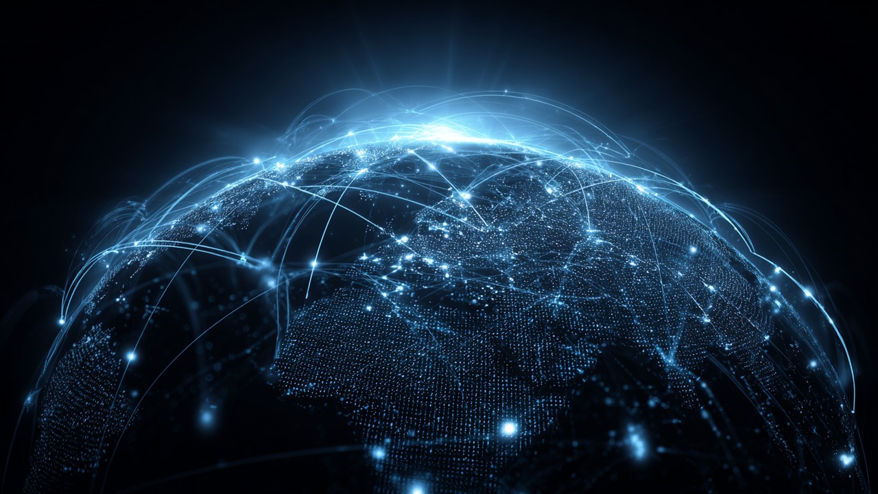 Realistic digital globe illustrating global DNS network with interconnected nodes, data flow lines, and a blue tech glow.