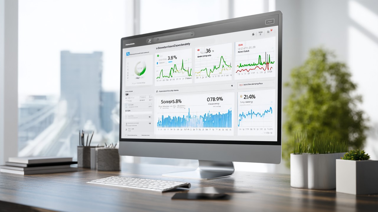 Realistic digital performance dashboard on computer screen showing website speed metrics, analytics charts, and data optimization.