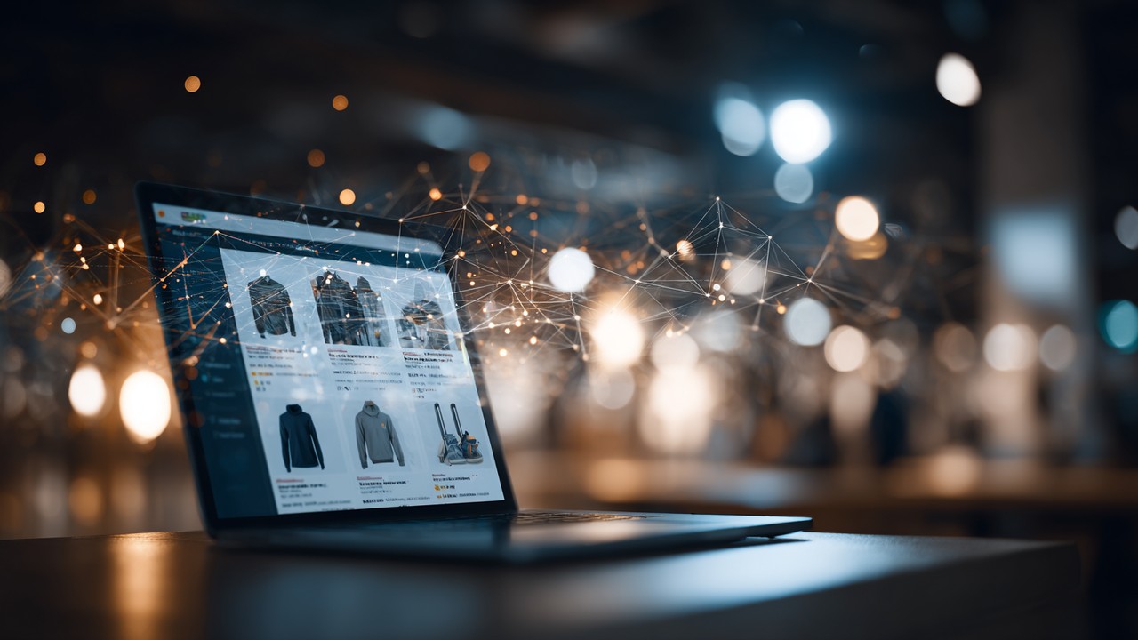 Realistic e-commerce interface on a laptop with personalized product recommendations, overlaid with AI edge nodes and data flow visualization.