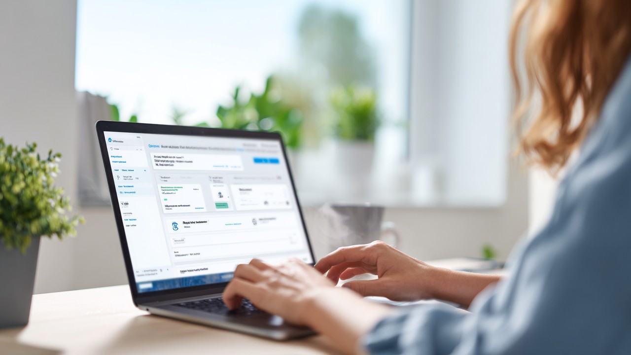 Realistic eCommerce checkout workflow scene with user interacting on a laptop in a bright home office, showcasing seamless online shopping process.