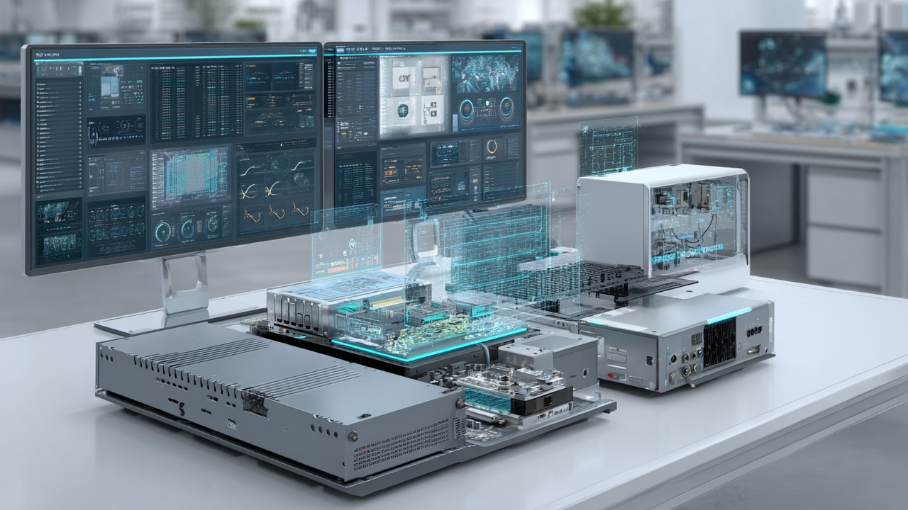 Realistic edge AI hardware setup with GPUs and TPUs in compact devices, alongside developers working on AI frameworks in a modern lab environment.