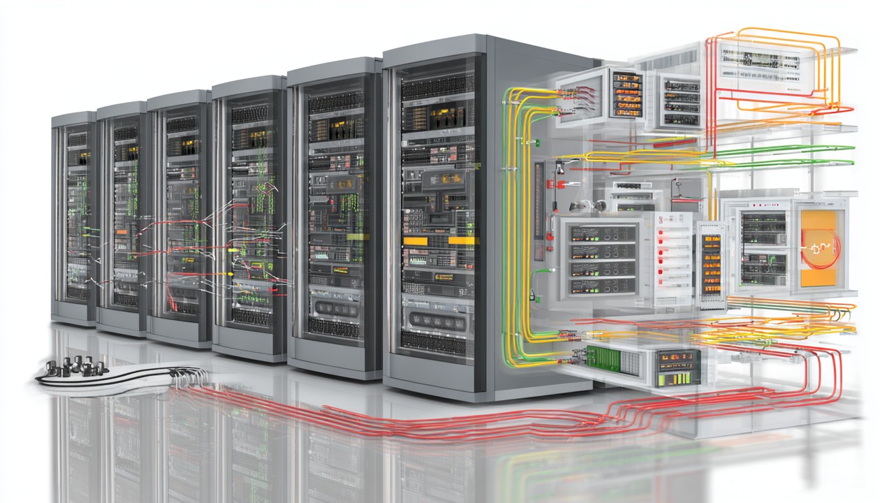 Realistic illustration of a server room with network cables and layered digital diagram showing PHP execution, database queries, and asset loading processes impacting server response time.