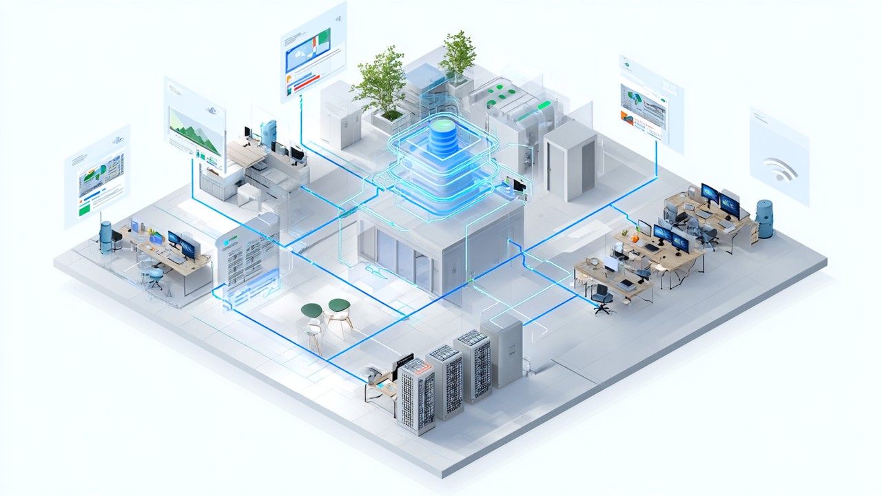 Realistic illustration of web request flow showing browser, DNS lookup, server handshake, backend processing, and data transfer in a modern server room.