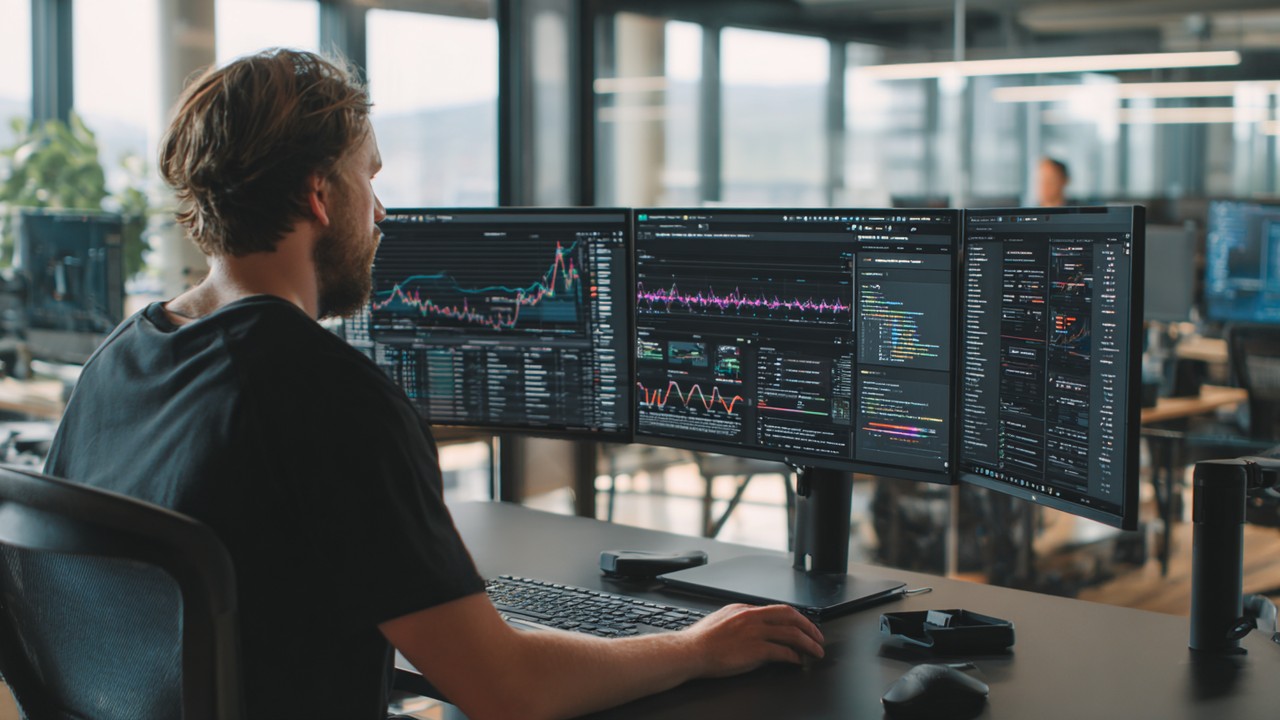 Realistic office with software engineer coding automated test scripts, multiple screens showing website performance dashboards, modern tech workspace with natural lighting.