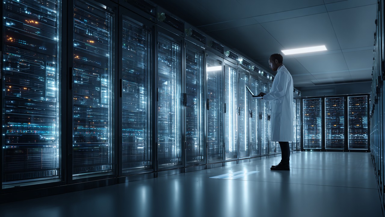 Salle serveurs moderne avec racks lumineux et technicien surveillant la performance sur un ordinateur portable, illustrant technologie avancée.