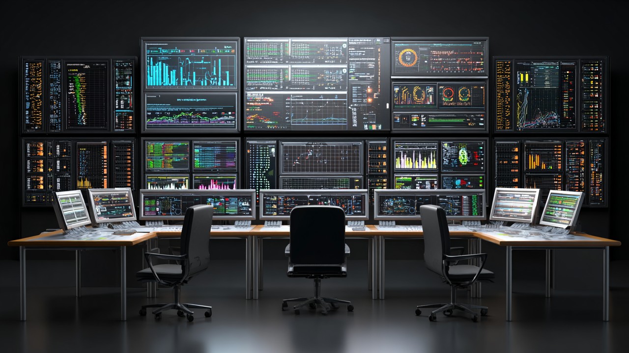 Realistic server control room with monitors displaying server performance metrics and PHP process management interfaces, showcasing IT backend optimization.