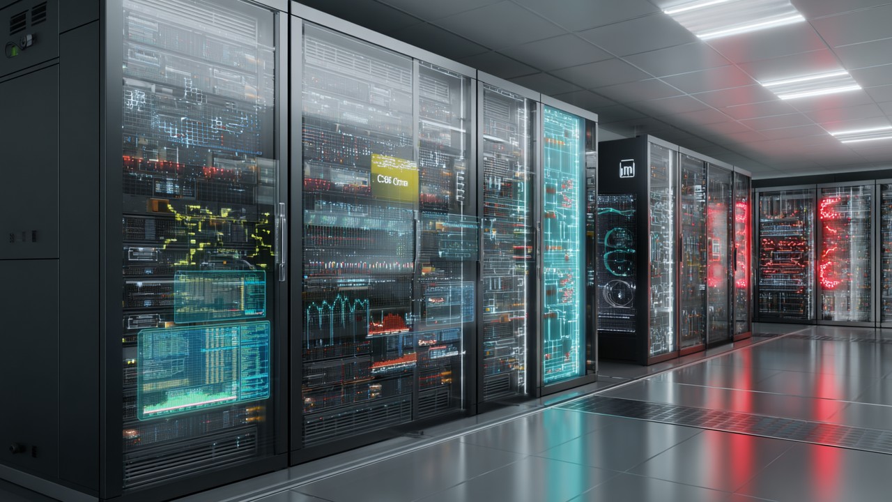 Realistisk serverrum med flere servere, digitale overlays for CPU-belastning og disk-I/O, viser optimeret ressourcebrug og høj trafik.