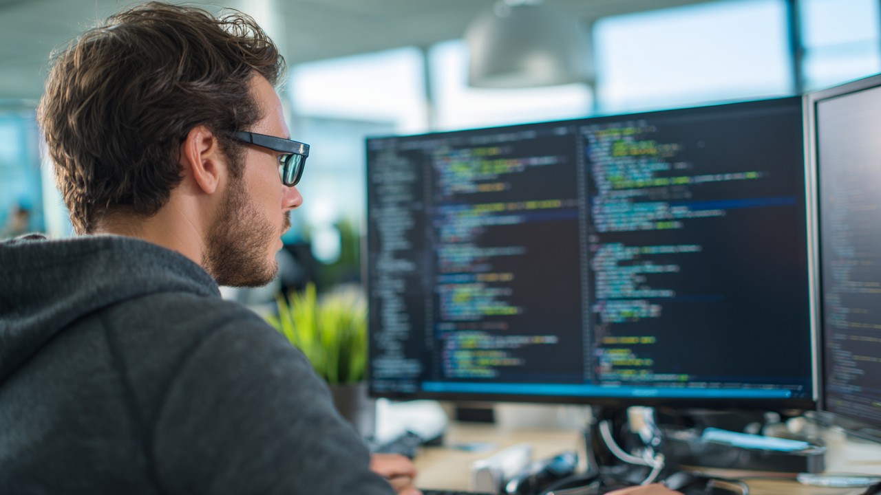 Realistic stock photo of a software developer working on PHP code and database queries on a computer in a modern, well-lit office.