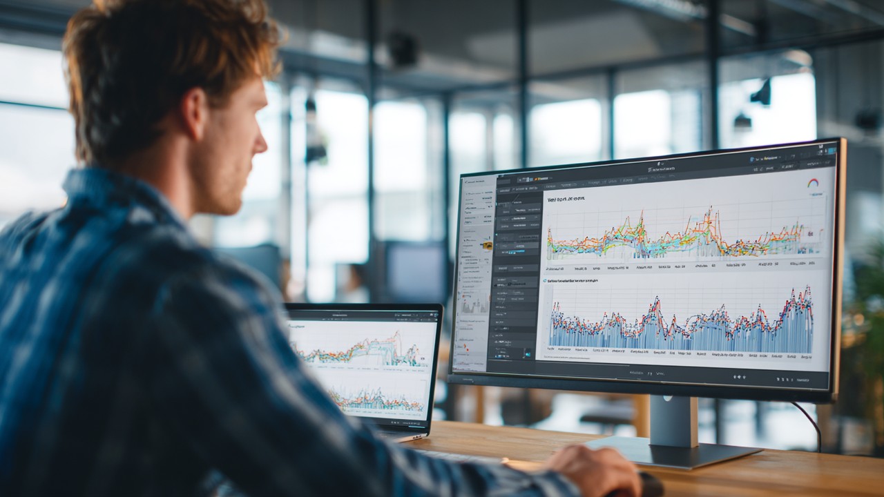 Web developer analyzing website performance metrics on dual monitors, showing server response timeline graph in a modern, naturally lit office.