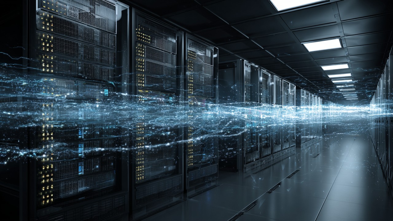 Realistic stock photo of a web server room with blinking lights, network cables, and digital data visualization representing server response time and TTFB.