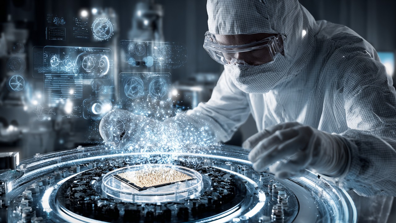 Scientist examining a quantum computer processor chip with glowing qubits and holographic displays of quantum states in a high-tech lab.