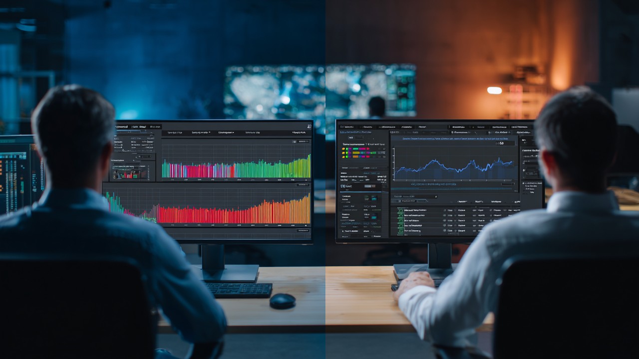 Side-by-side comparison of e-commerce server dashboard before and after optimization, showing improved performance and calm IT operators.