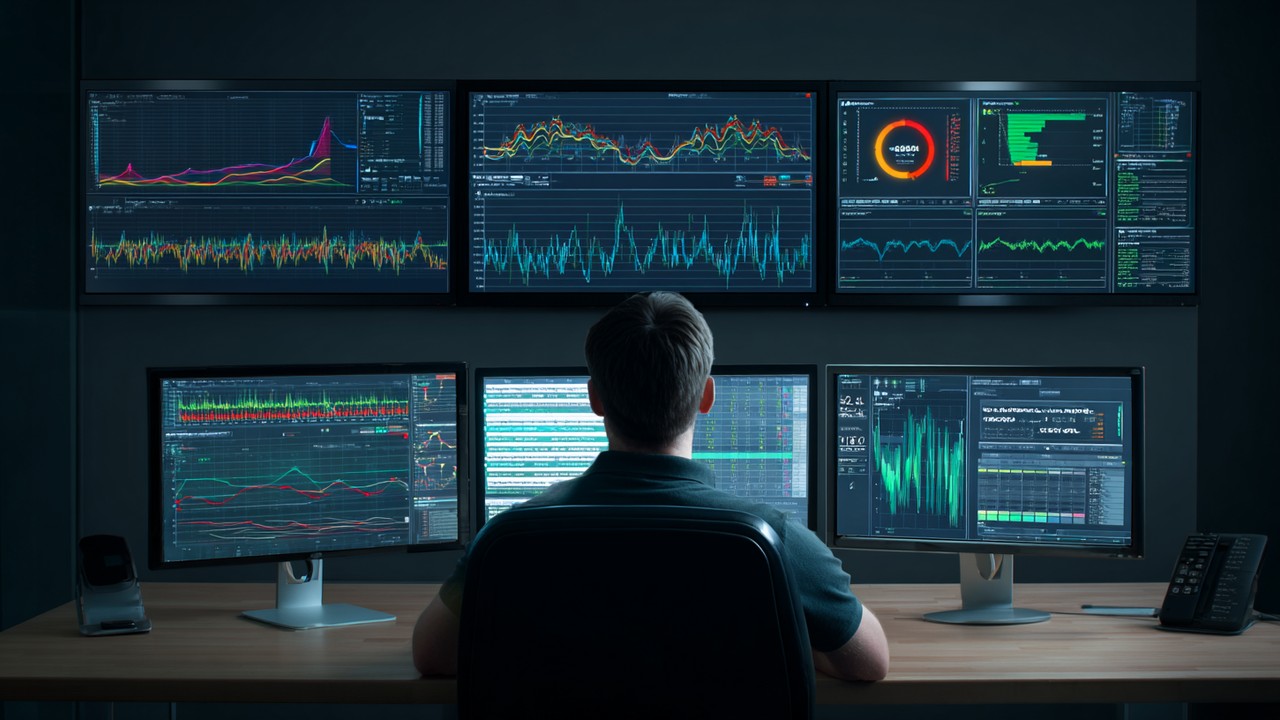 Software engineer analyzing real-time website performance dashboards with detailed graphs and metrics in a dark control room.