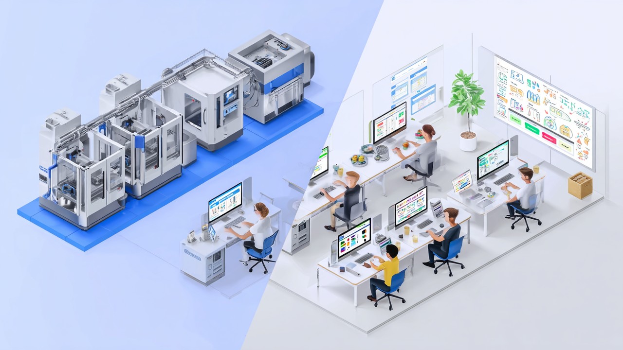 Split-screen image showing automated testing rigs in a lab on one side and real users browsing websites on devices in everyday settings, illustrating synthetic tests versus real user experiences.