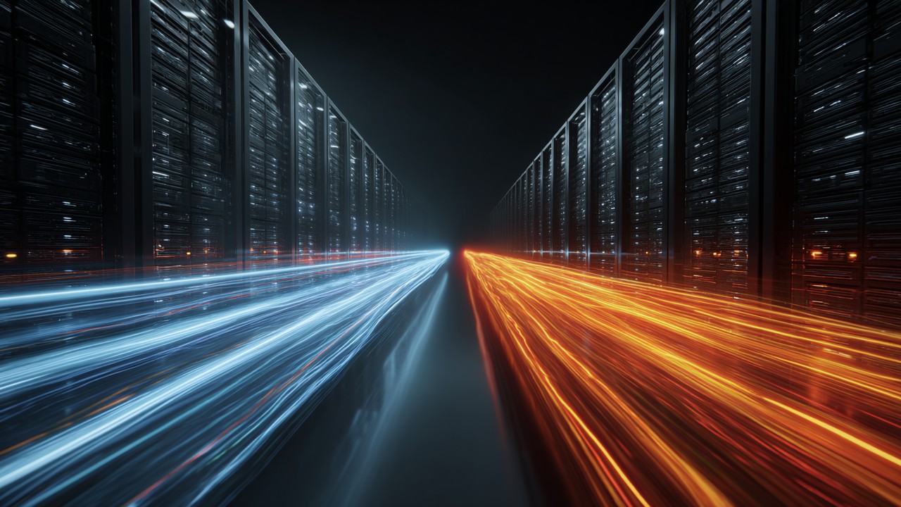 Split view of web server and client with multiple parallel data streams symbolizing concurrent processing and elimination of head-of-line blocking.