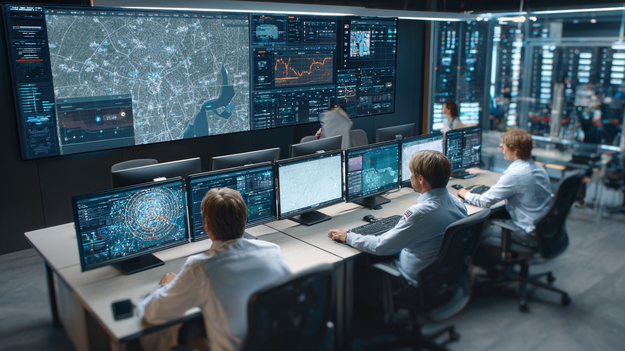 Team of IT professionals analyzing edge AI deployment challenges on multiple screens in a modern data center, focusing on security and data synchronization.