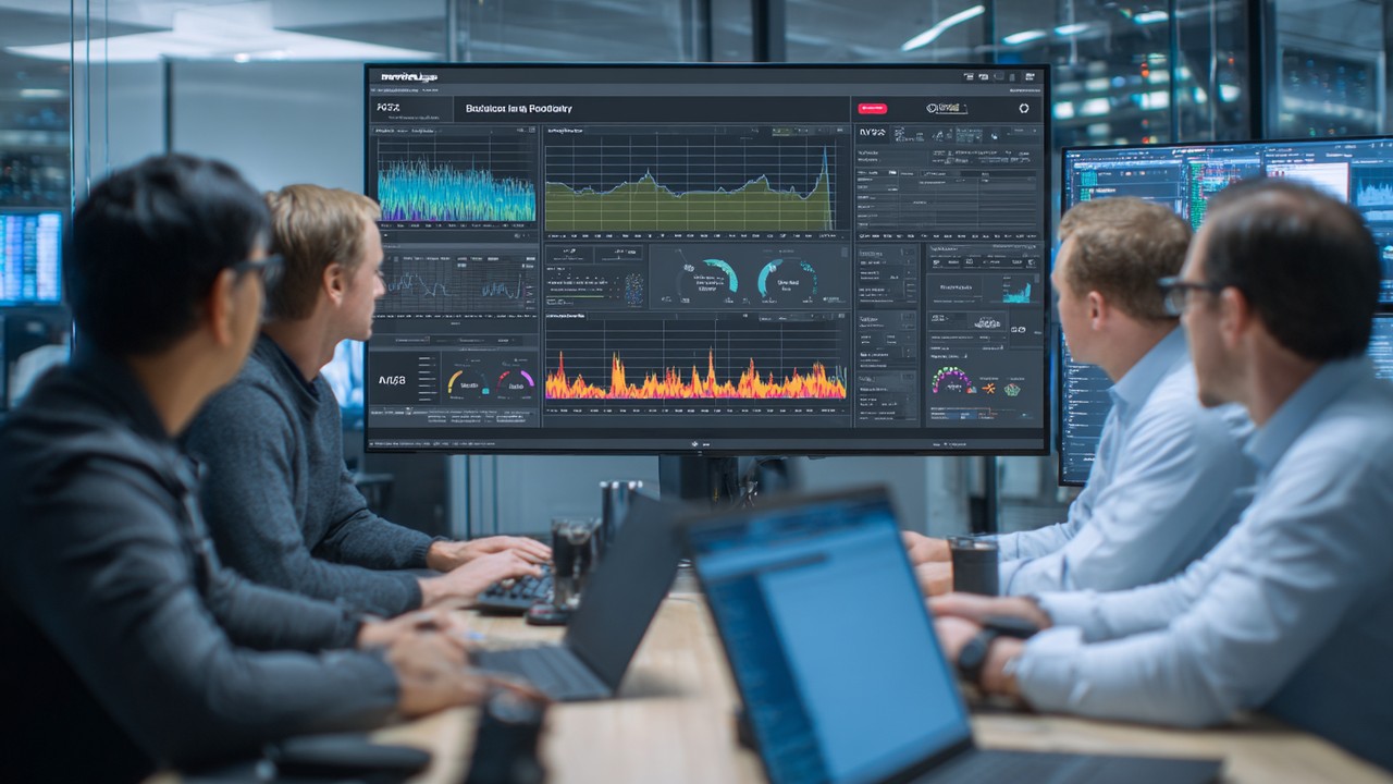 Team of IT professionals analyzing website performance dashboards with graphs and heatmaps in a modern control room environment.