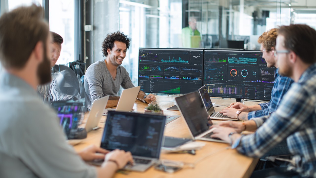 Team of IT professionals collaborating around a table with laptops and screens displaying server performance dashboards and code optimization in a modern tech office.