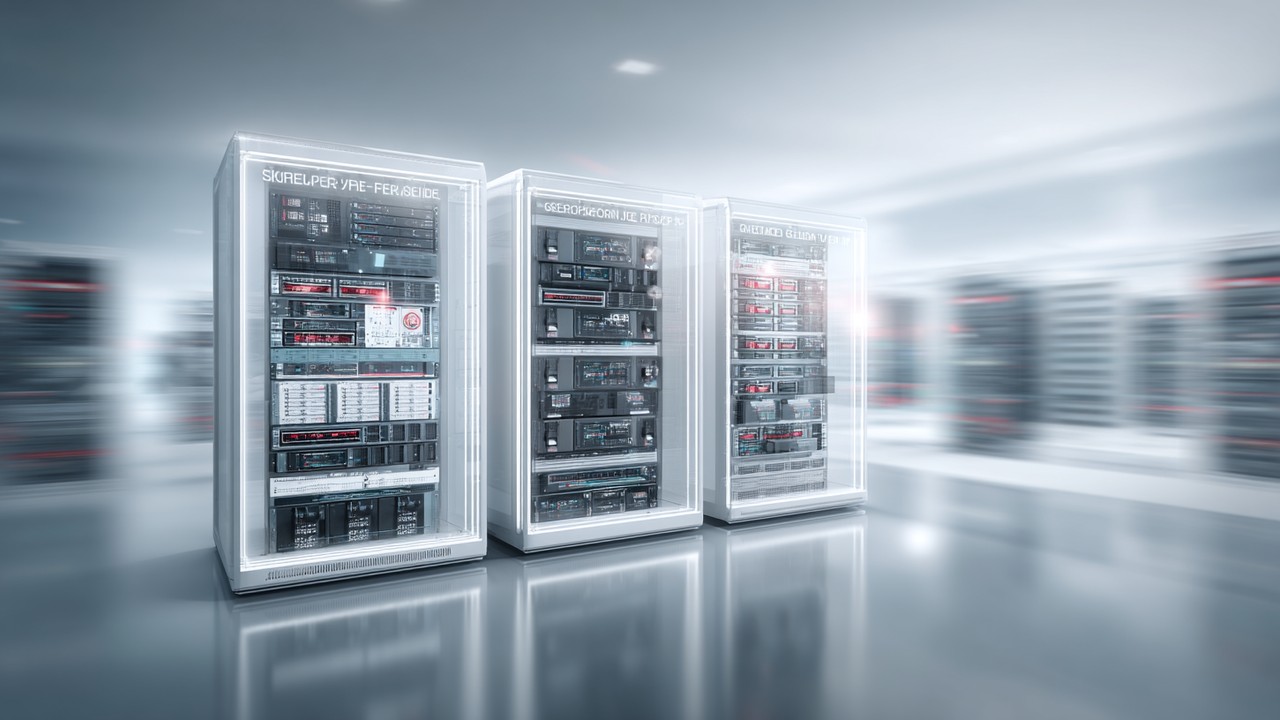 Three-panel illustration of server process workflows: static, dynamic scaling, and on-demand spawning in a professional data center setting with motion blur.