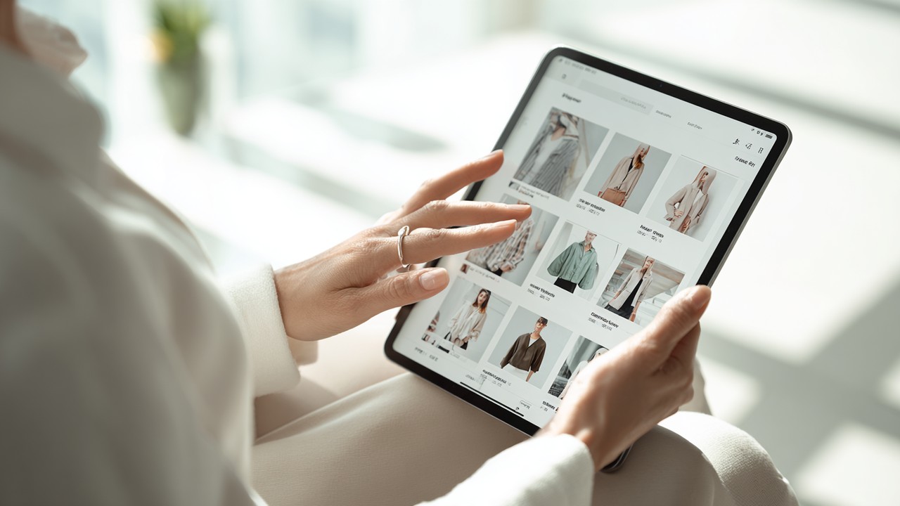 User browsing a fast-loading online store on a tablet with smooth product images and a clean, minimalist interface in a modern setting.