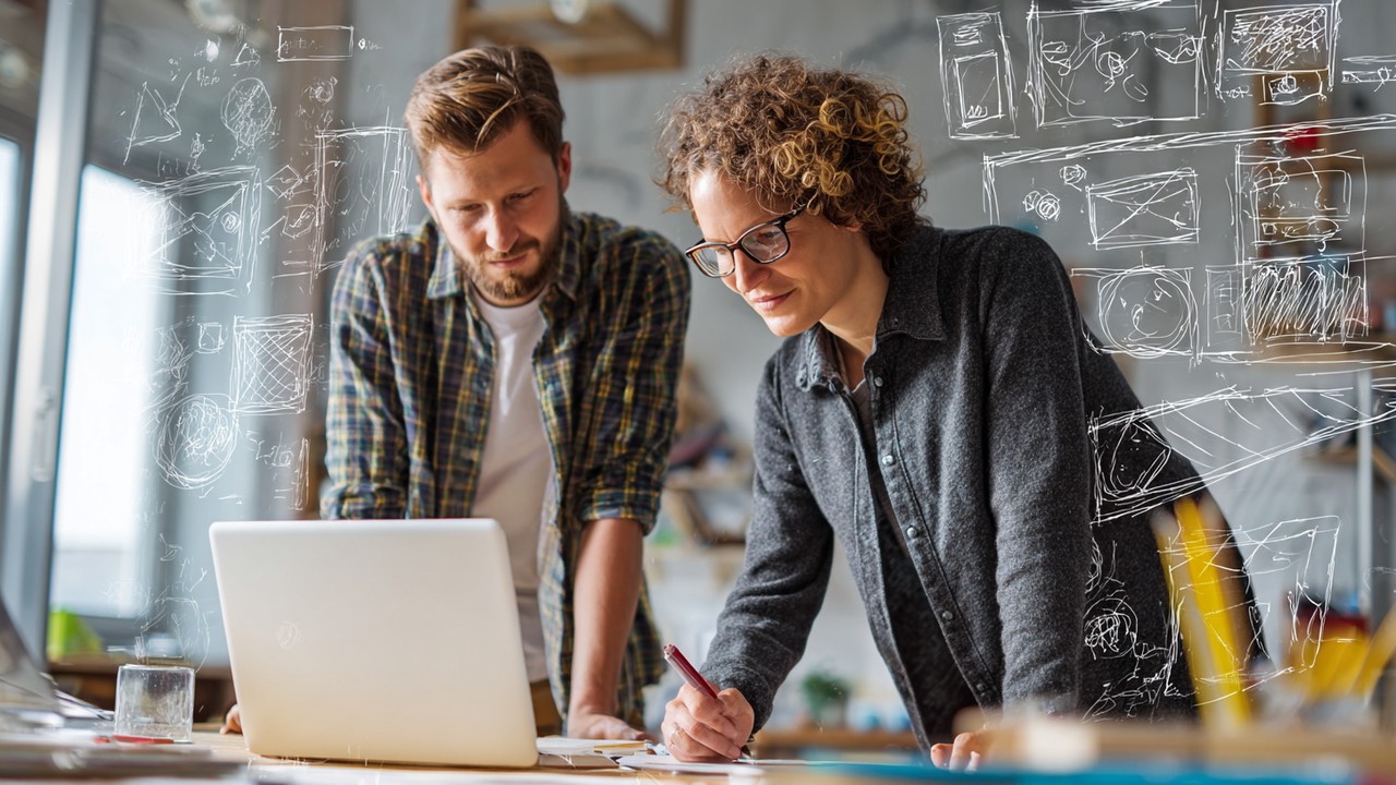 UX designer and developer collaborating on website optimization and user experience design in a bright creative workspace.